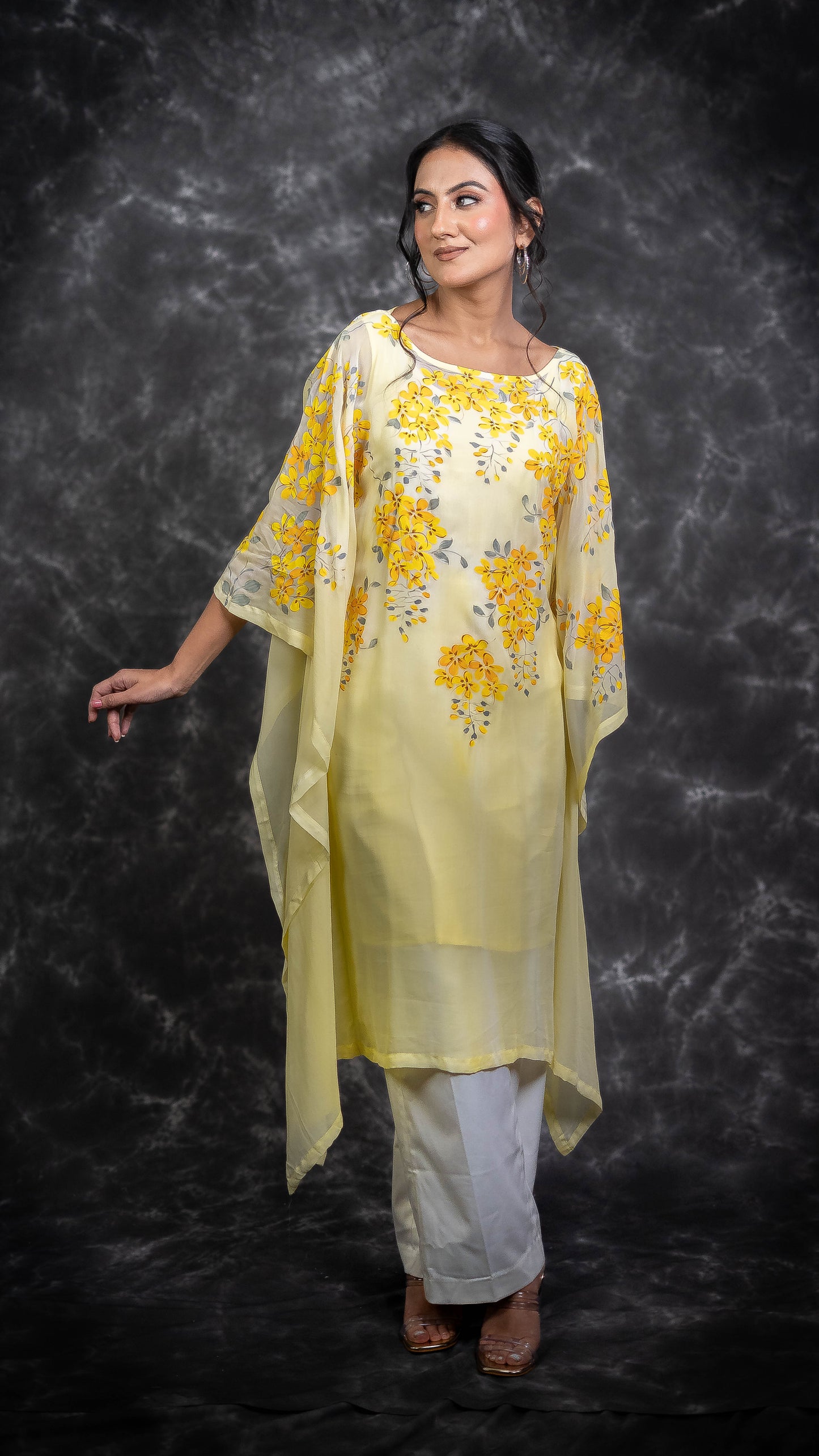 Yellow Cherry Blossom Hand Painted Kaftan