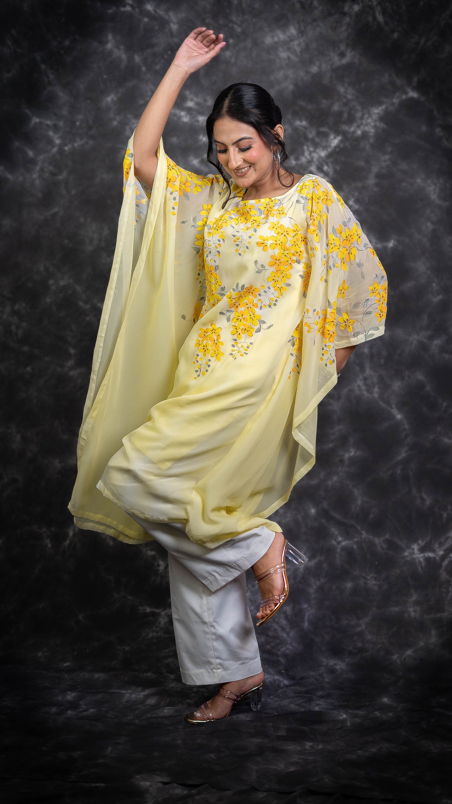 Yellow Cherry Blossom Hand Painted Kaftan