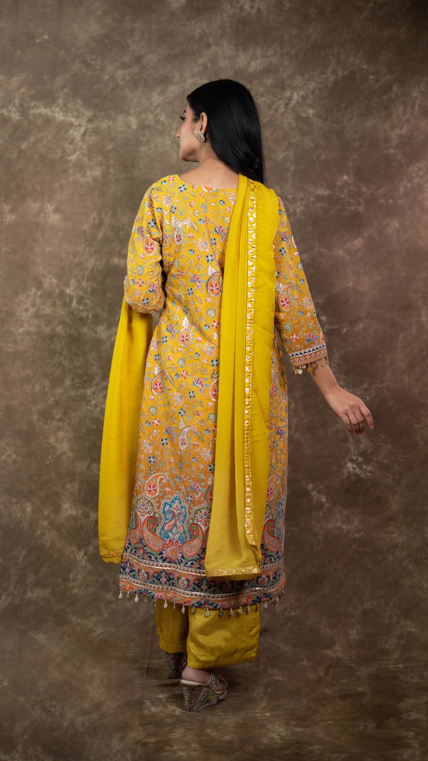 Yellow Crepe Embroidered Suit Set