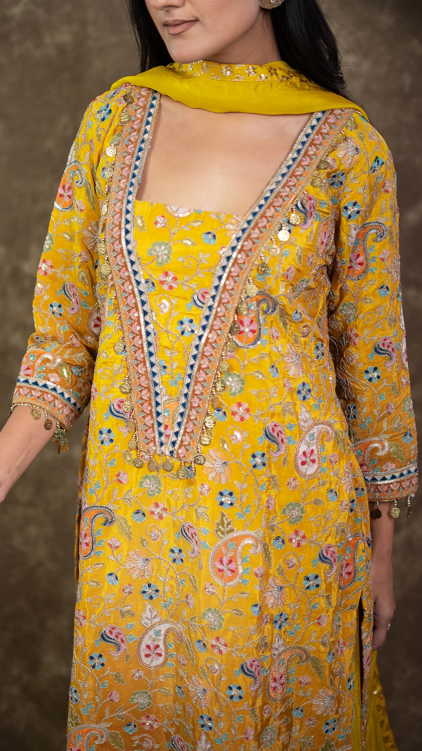 Yellow Crepe Embroidered Suit Set