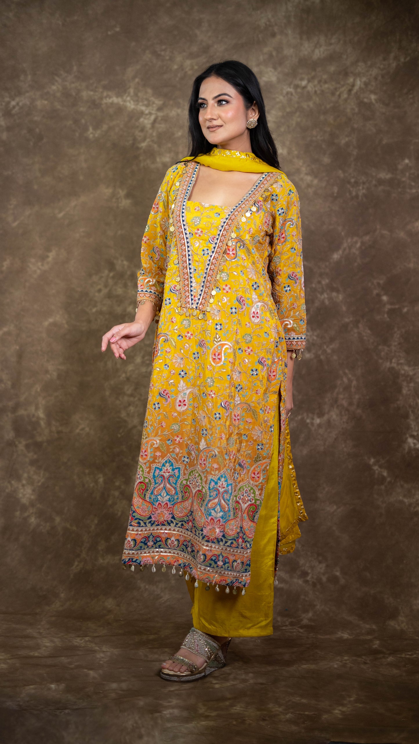Yellow Crepe Embroidered Suit Set