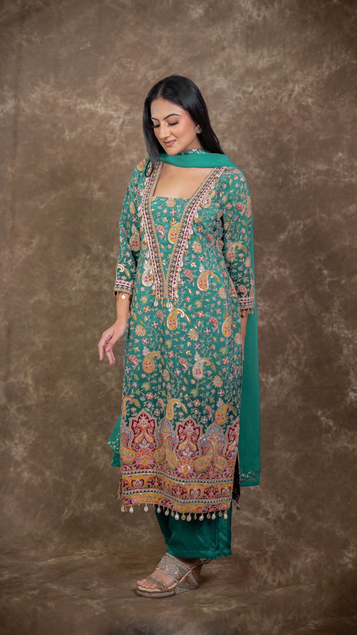 Blue Crepe Embroidered Suit Set