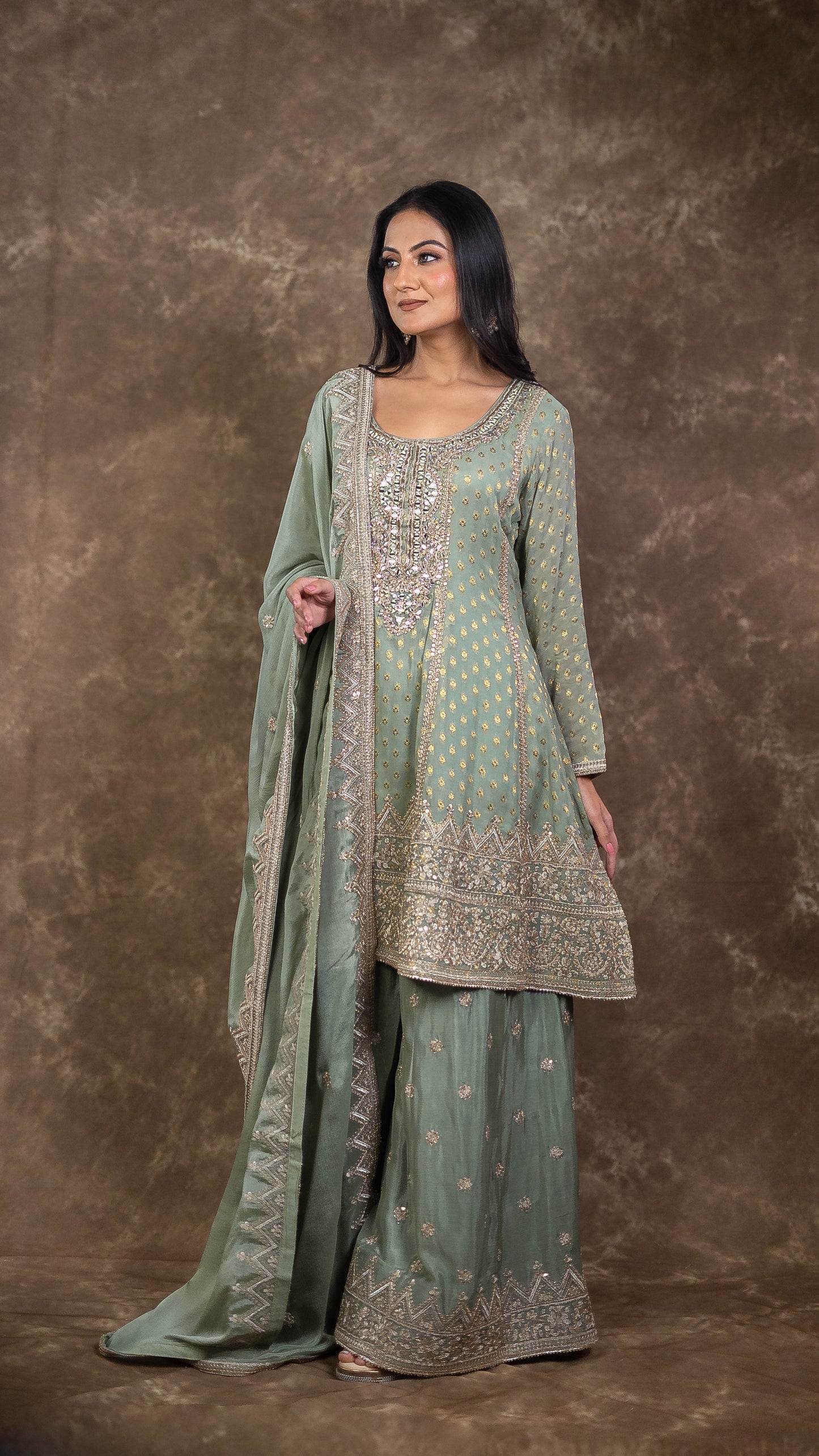 Green Banarasi Georgette Sharara Suit Set