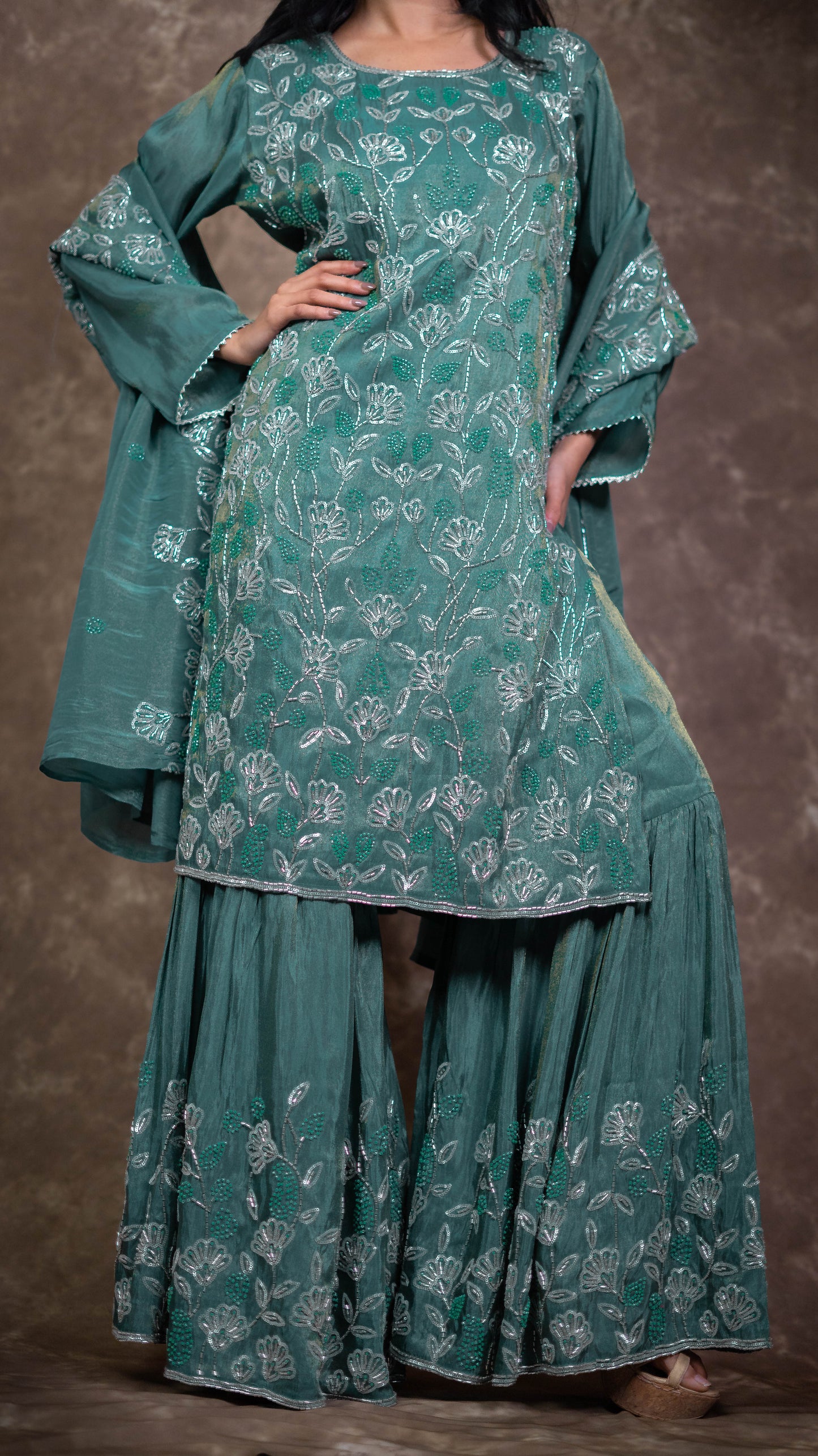 Turquoise Hand Embroidered Garara Suit Set