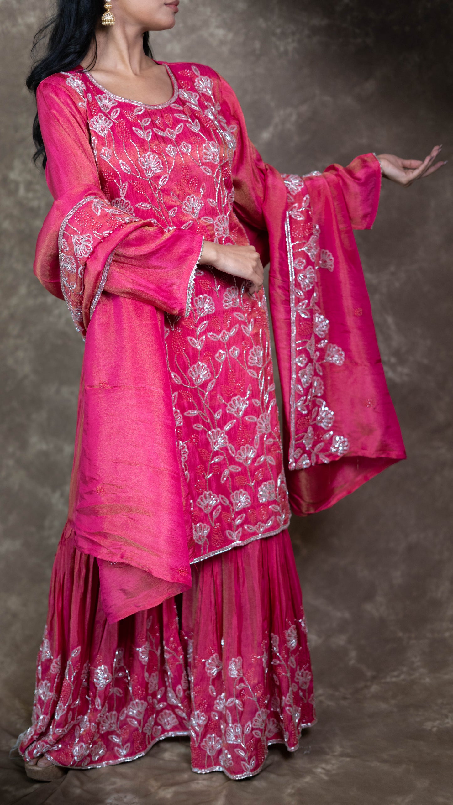 Kanjiwaram Pink Hand Embroidered Garara Suit Set