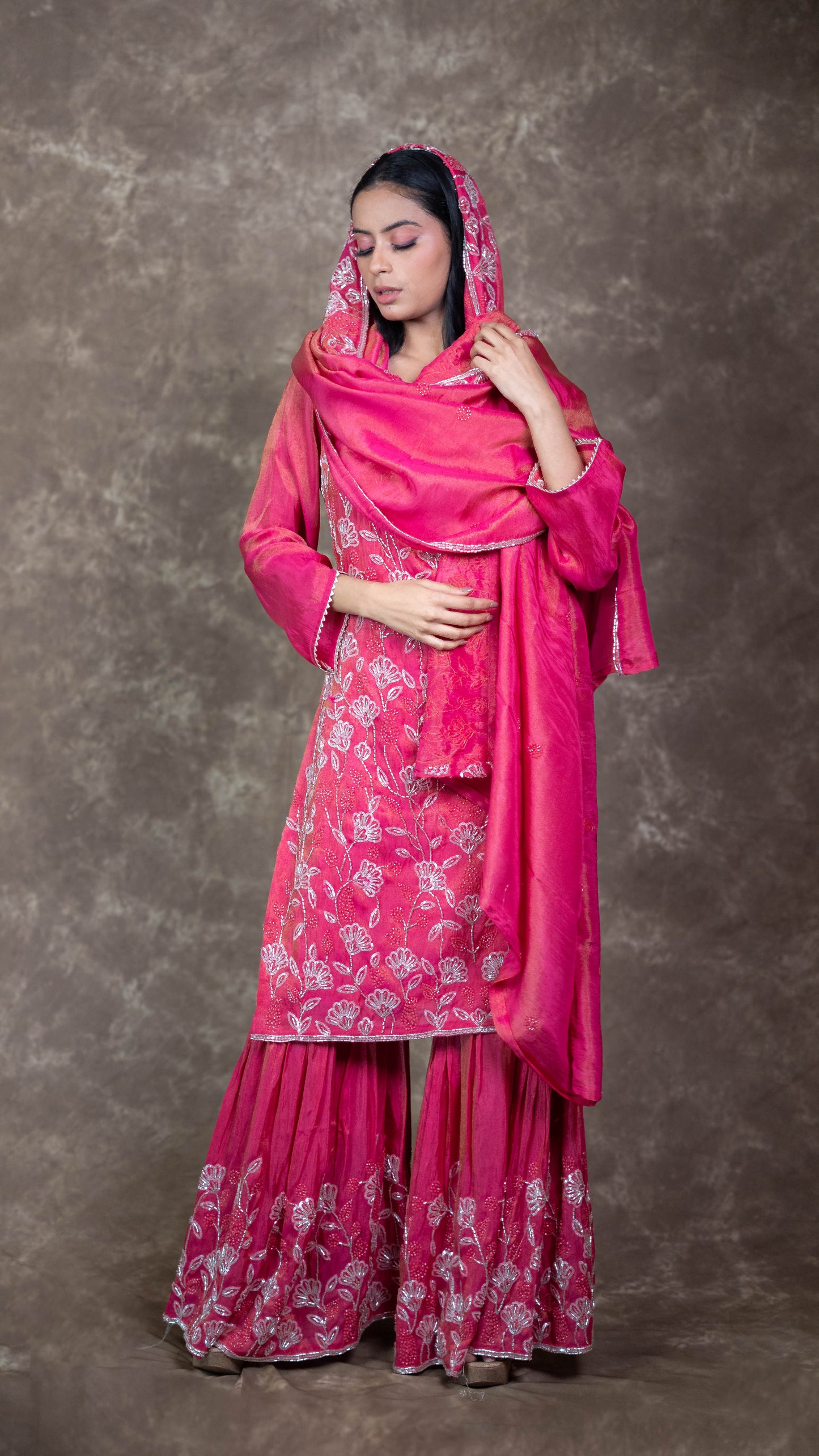 Kanjiwaram Pink Hand Embroidered Garara Suit Set