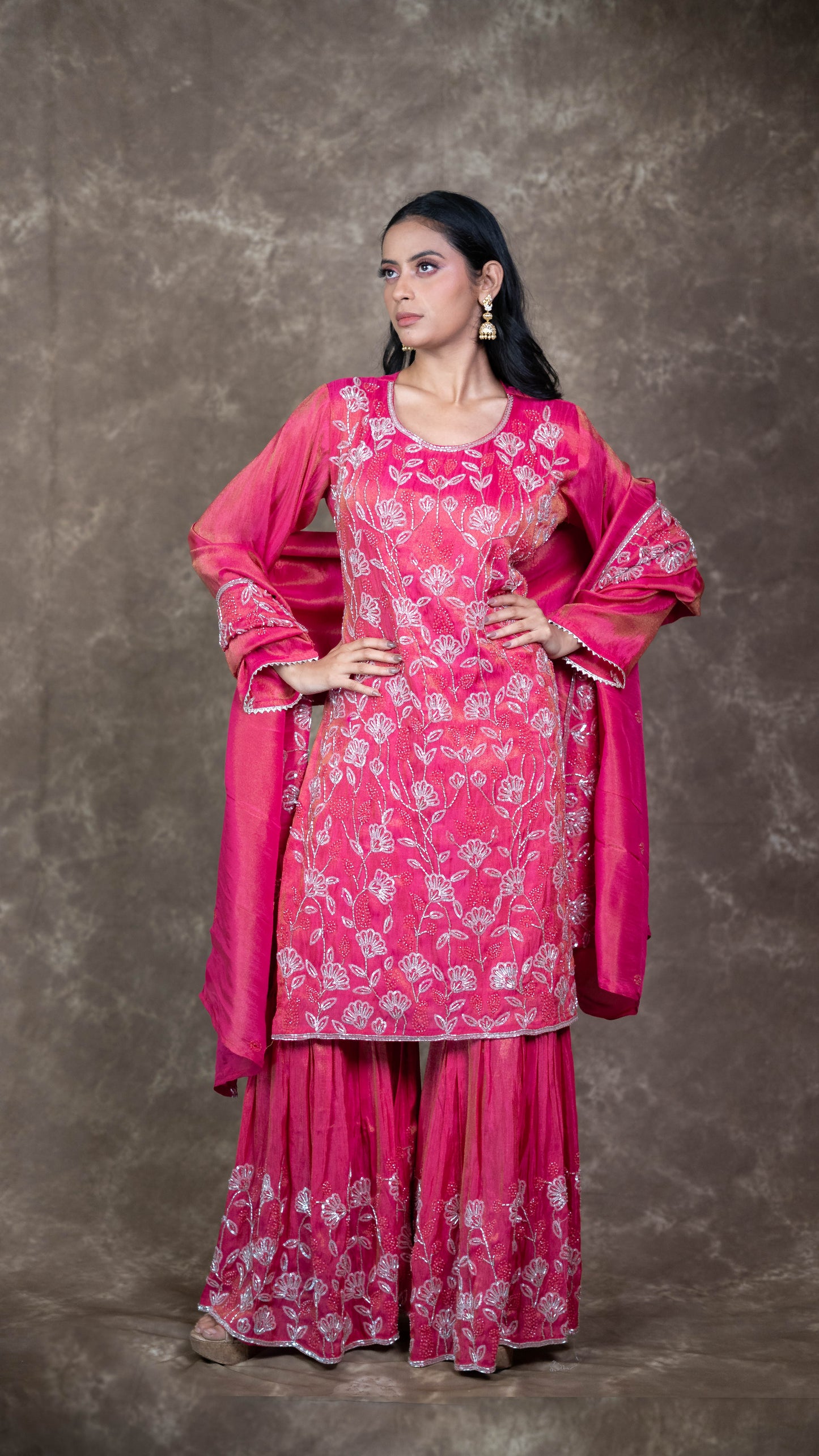 Kanjiwaram Pink Hand Embroidered Garara Suit Set