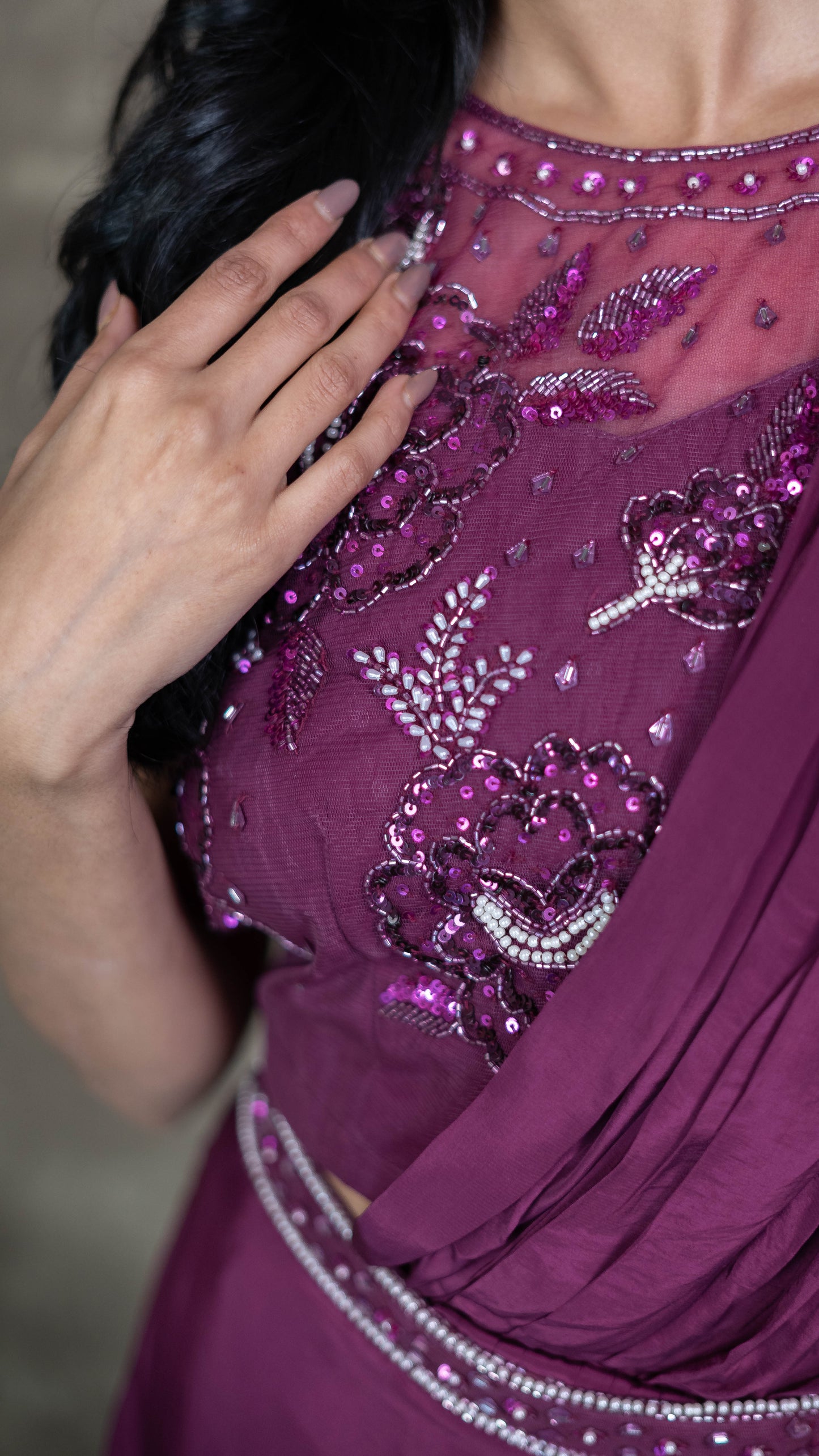 Georgette Wine Pre Draped Ready To Wear Saree
