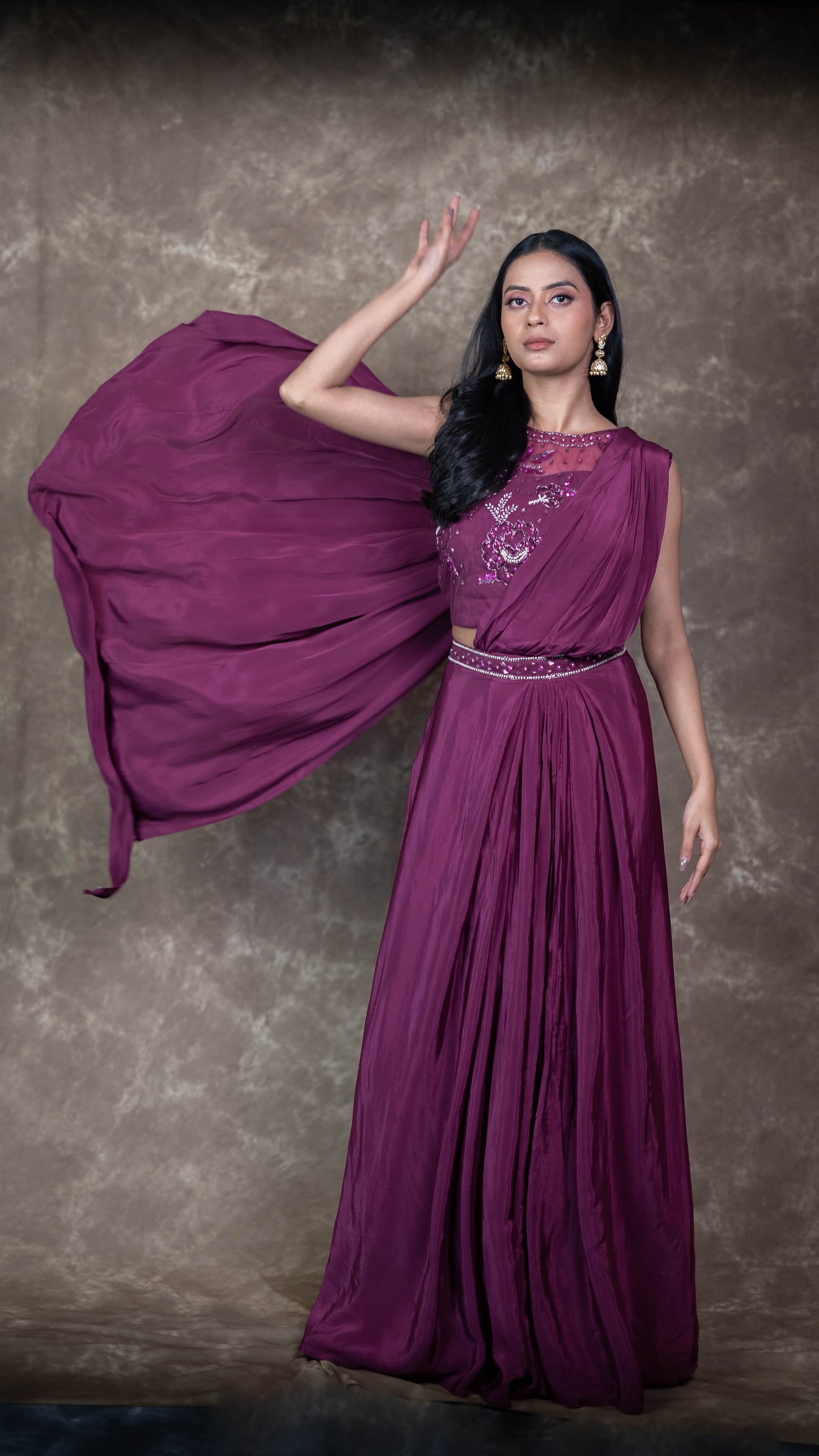 Georgette Wine Pre Draped Ready To Wear Saree
