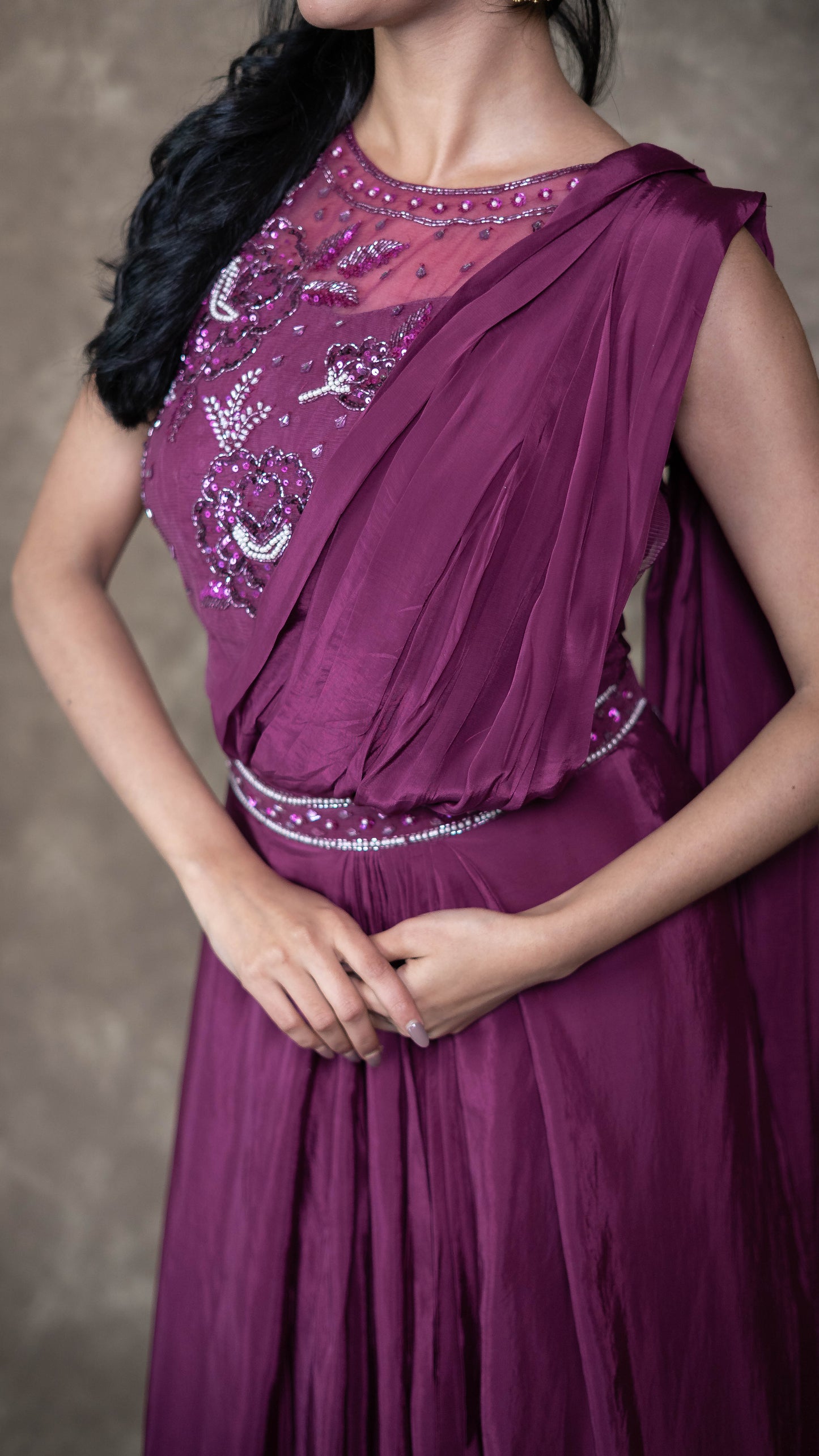 Georgette Wine Pre Draped Ready To Wear Saree