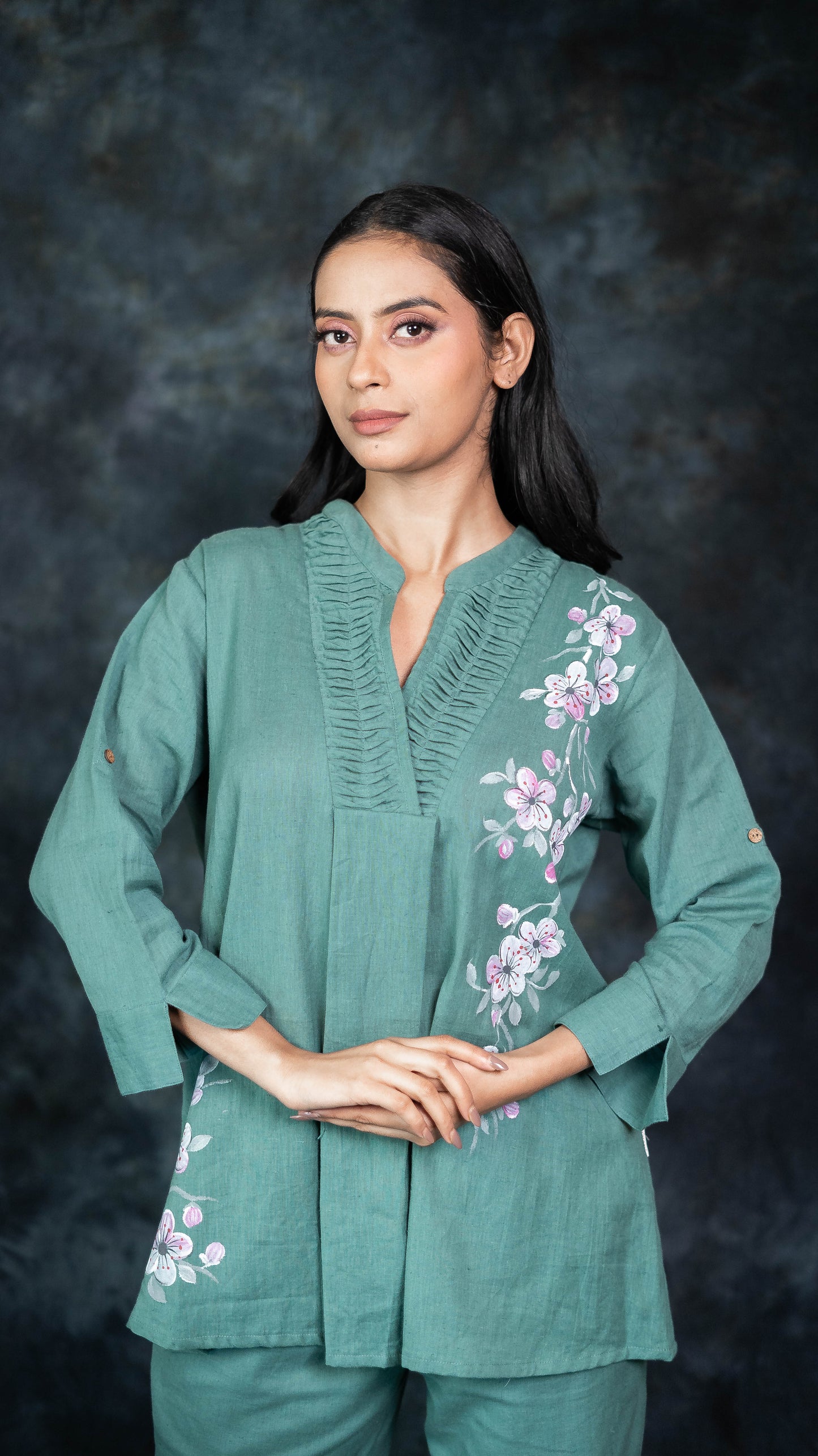 Green Pure Cotton Hand Painted Co-Ord Set