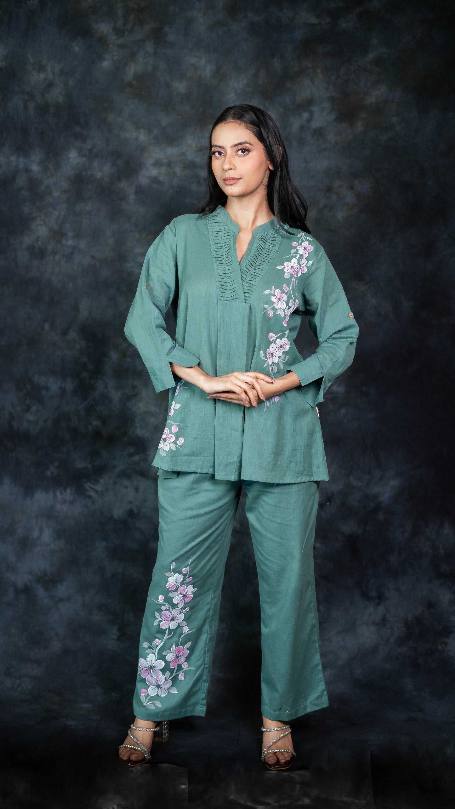 Green Pure Cotton Hand Painted Co-Ord Set