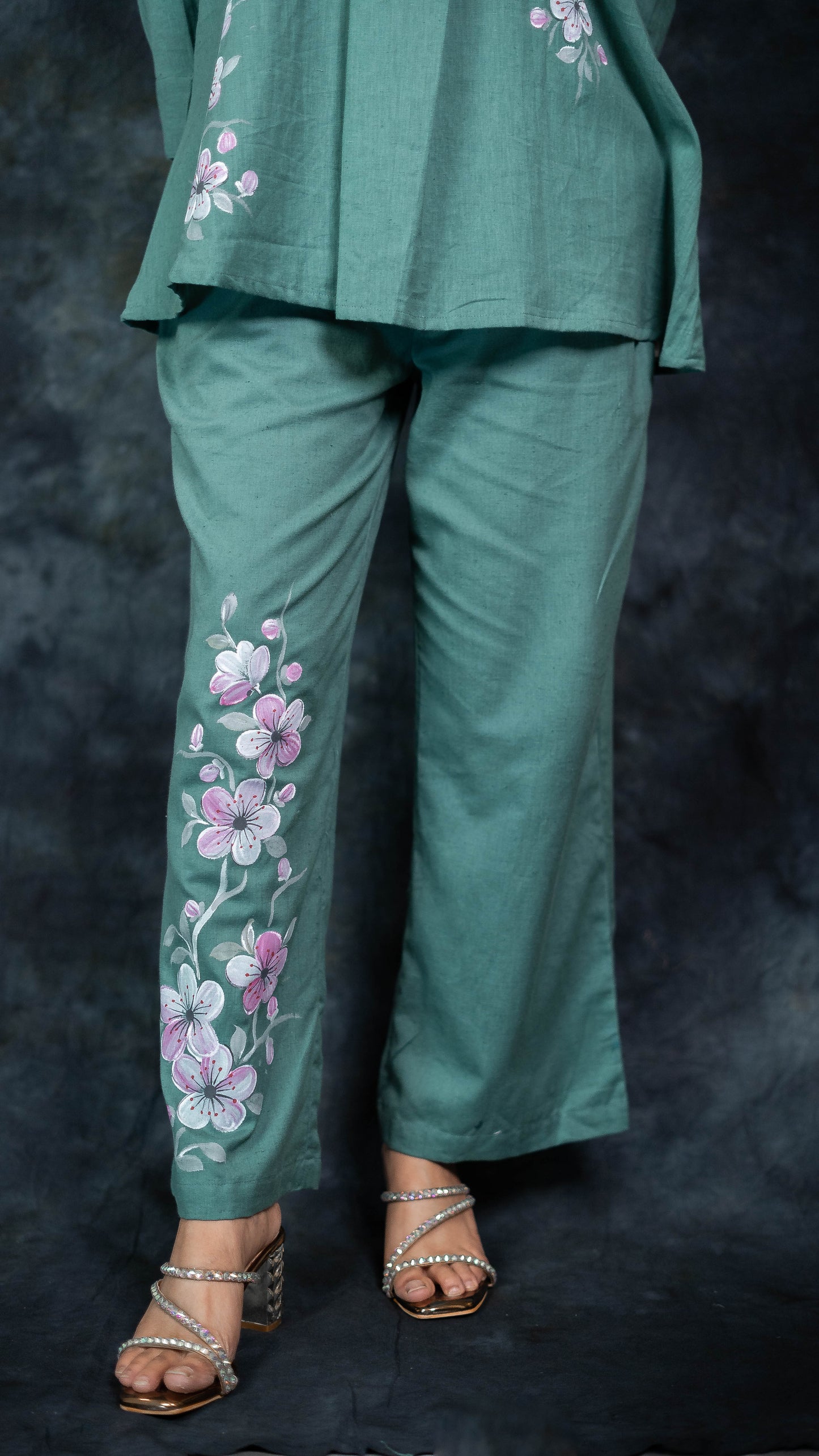 Green Pure Cotton Hand Painted Co-Ord Set