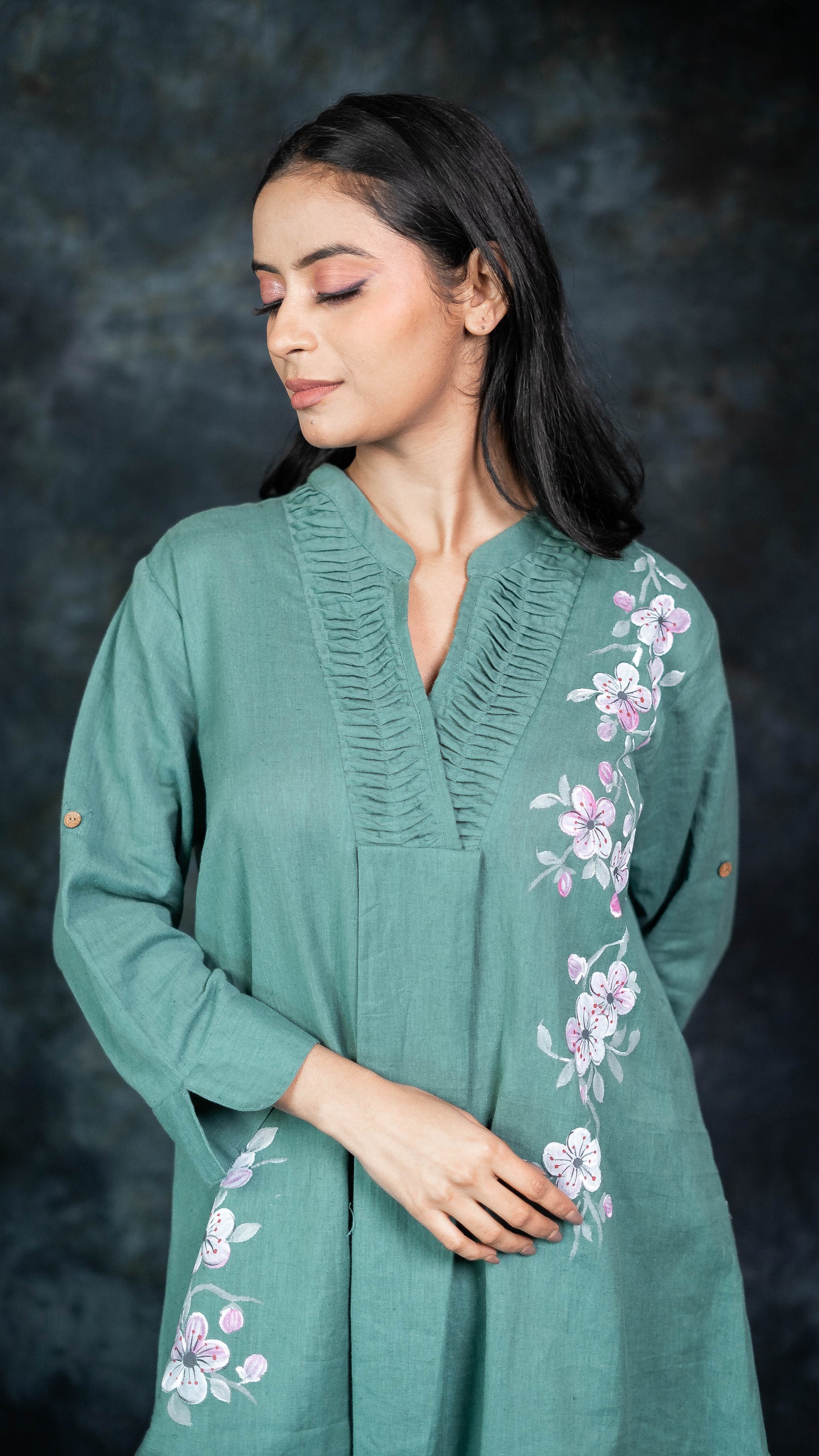 Green Pure Cotton Hand Painted Co-Ord Set