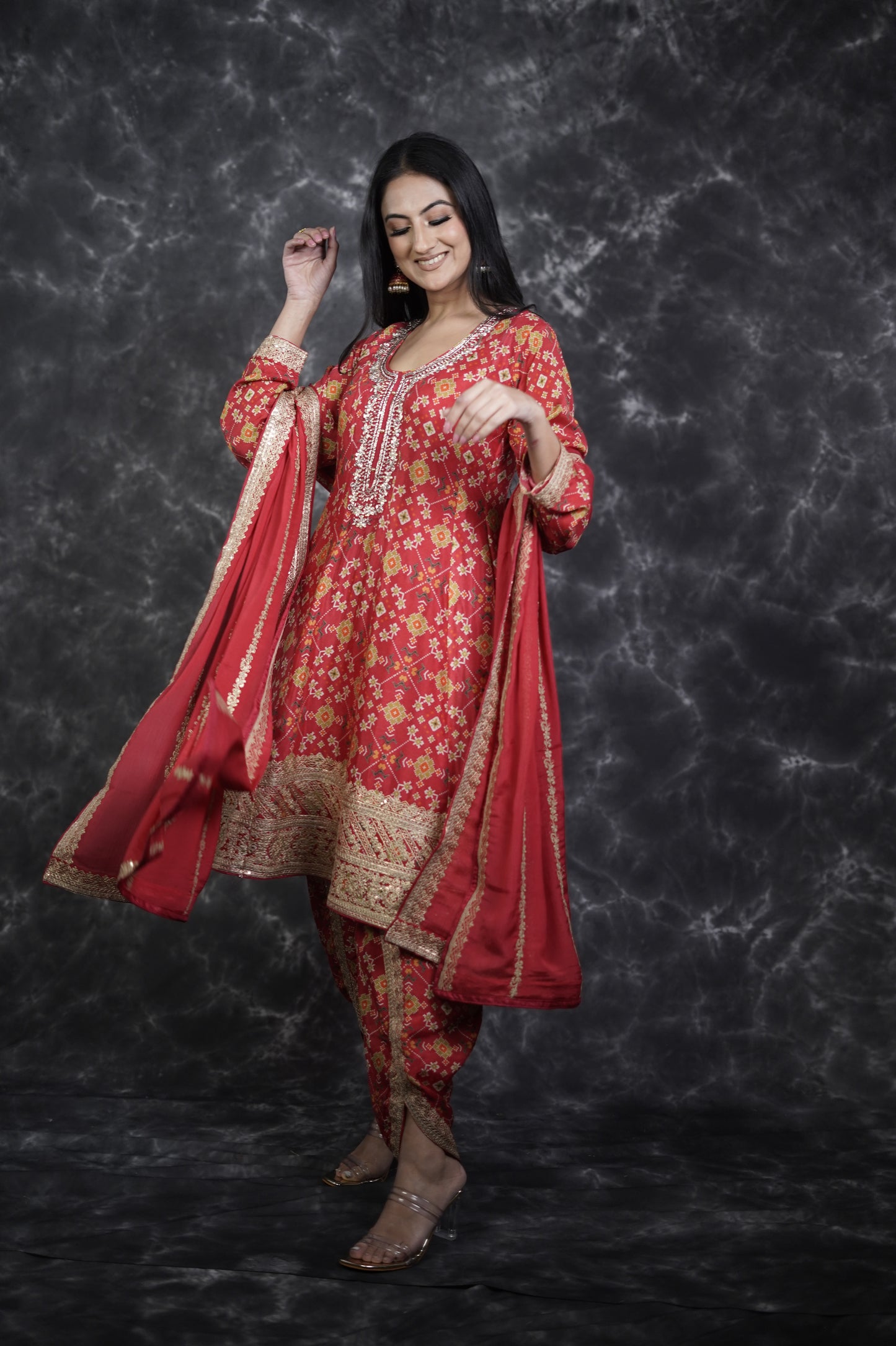 Chinon Red Bandhani Print Dhoti Suit