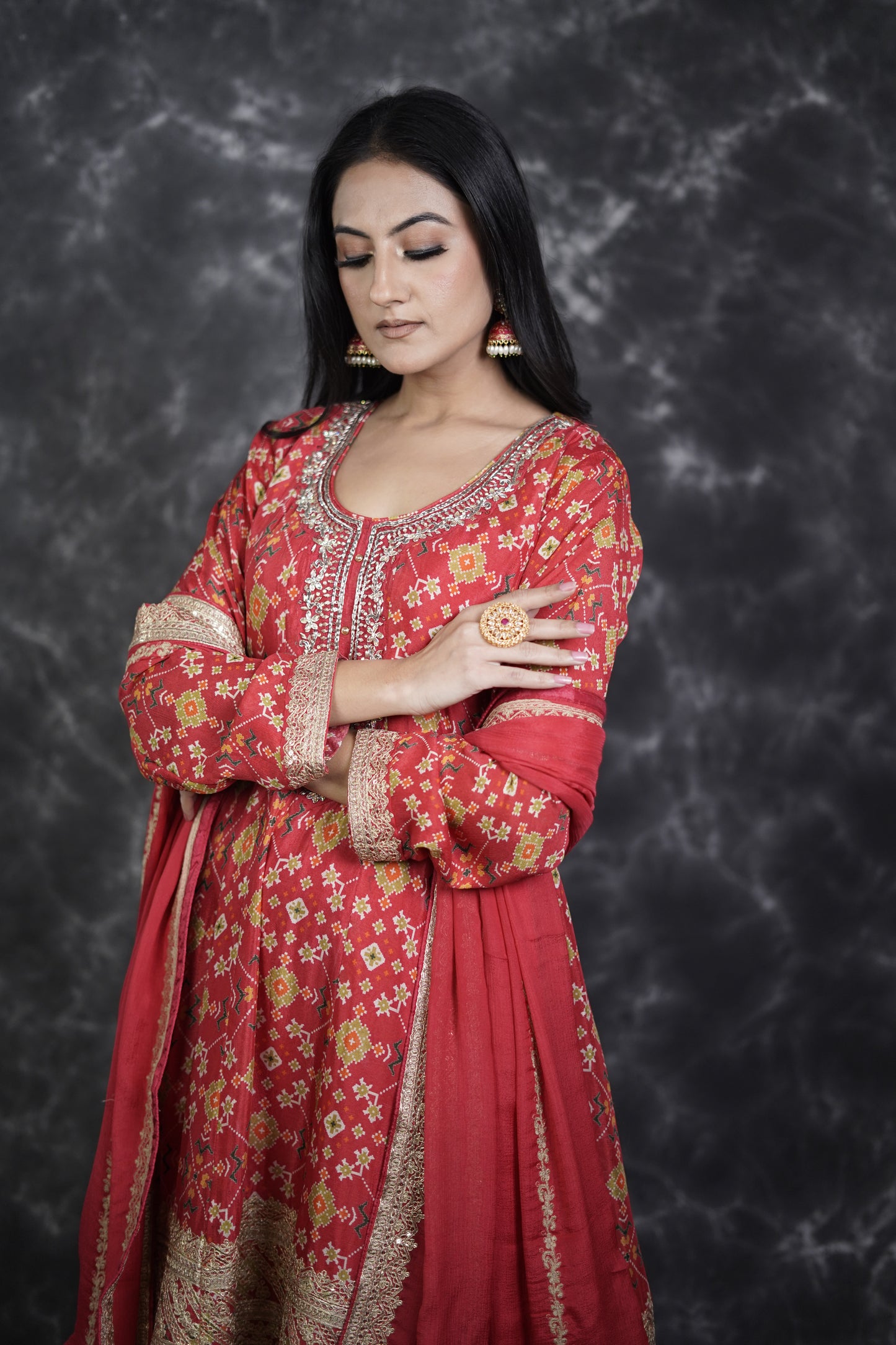 Chinon Red Bandhani Print Dhoti Suit