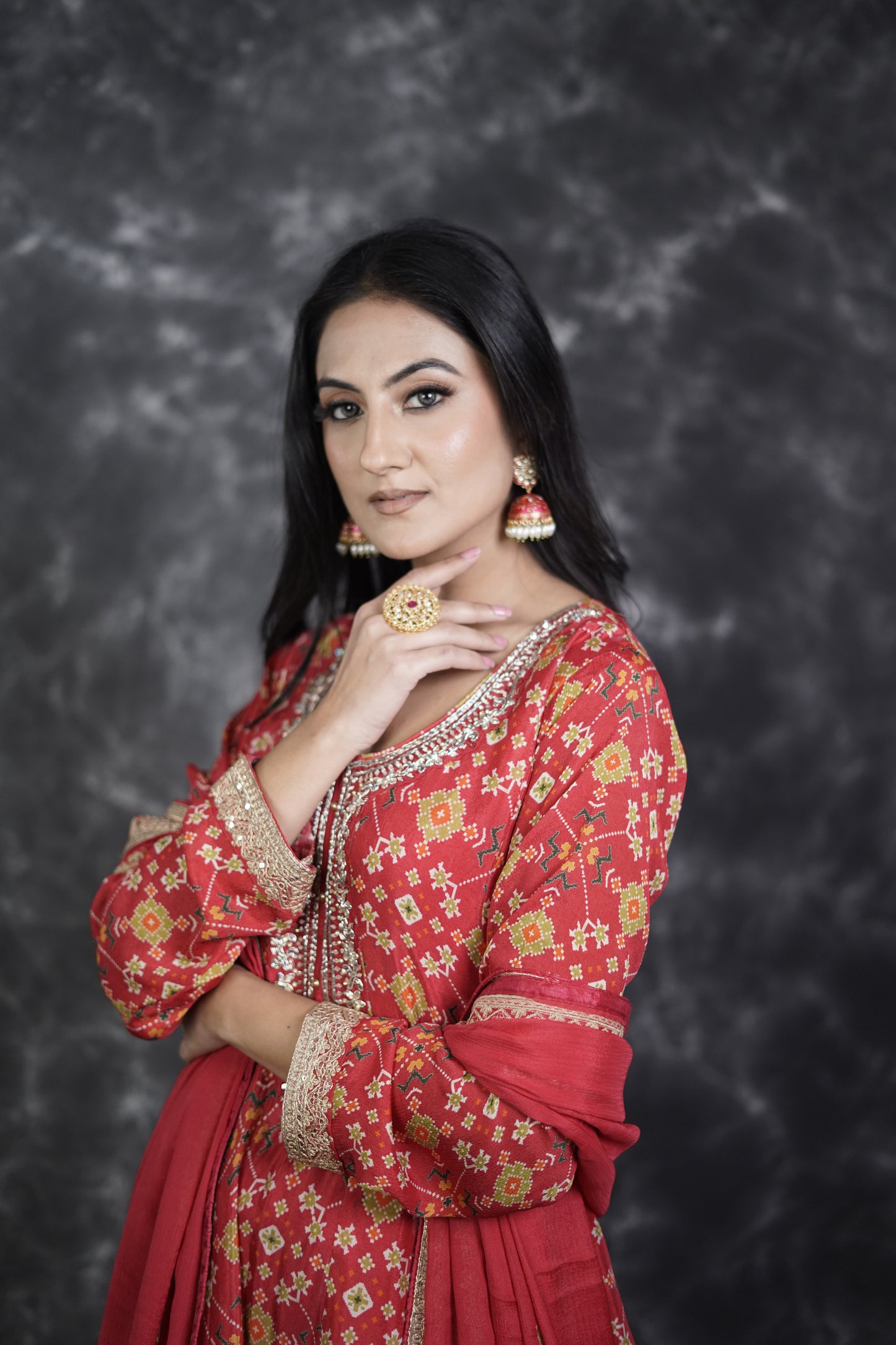 Chinon Red Bandhani Print Dhoti Suit