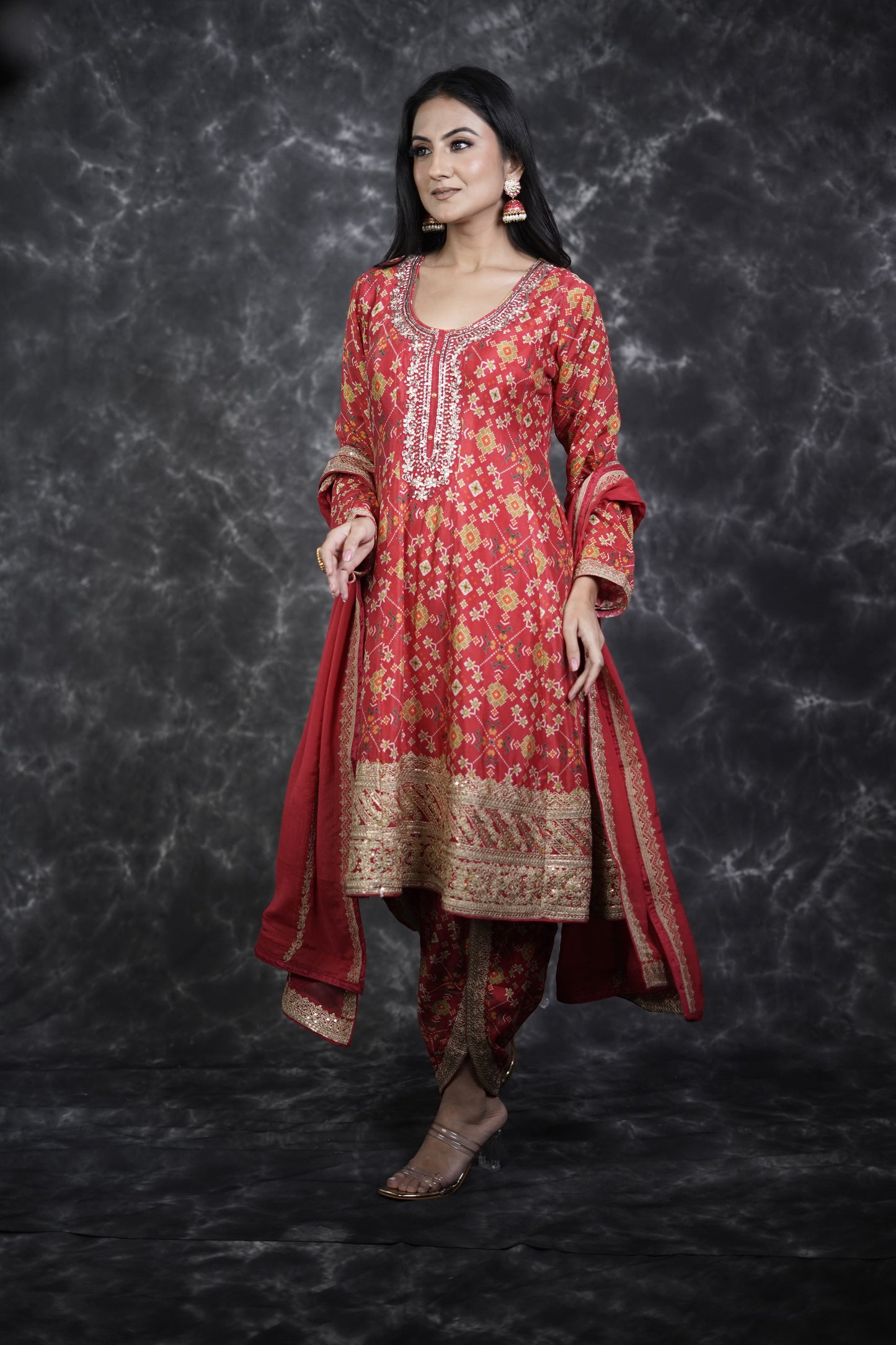 Chinon Red Bandhani Print Dhoti Suit