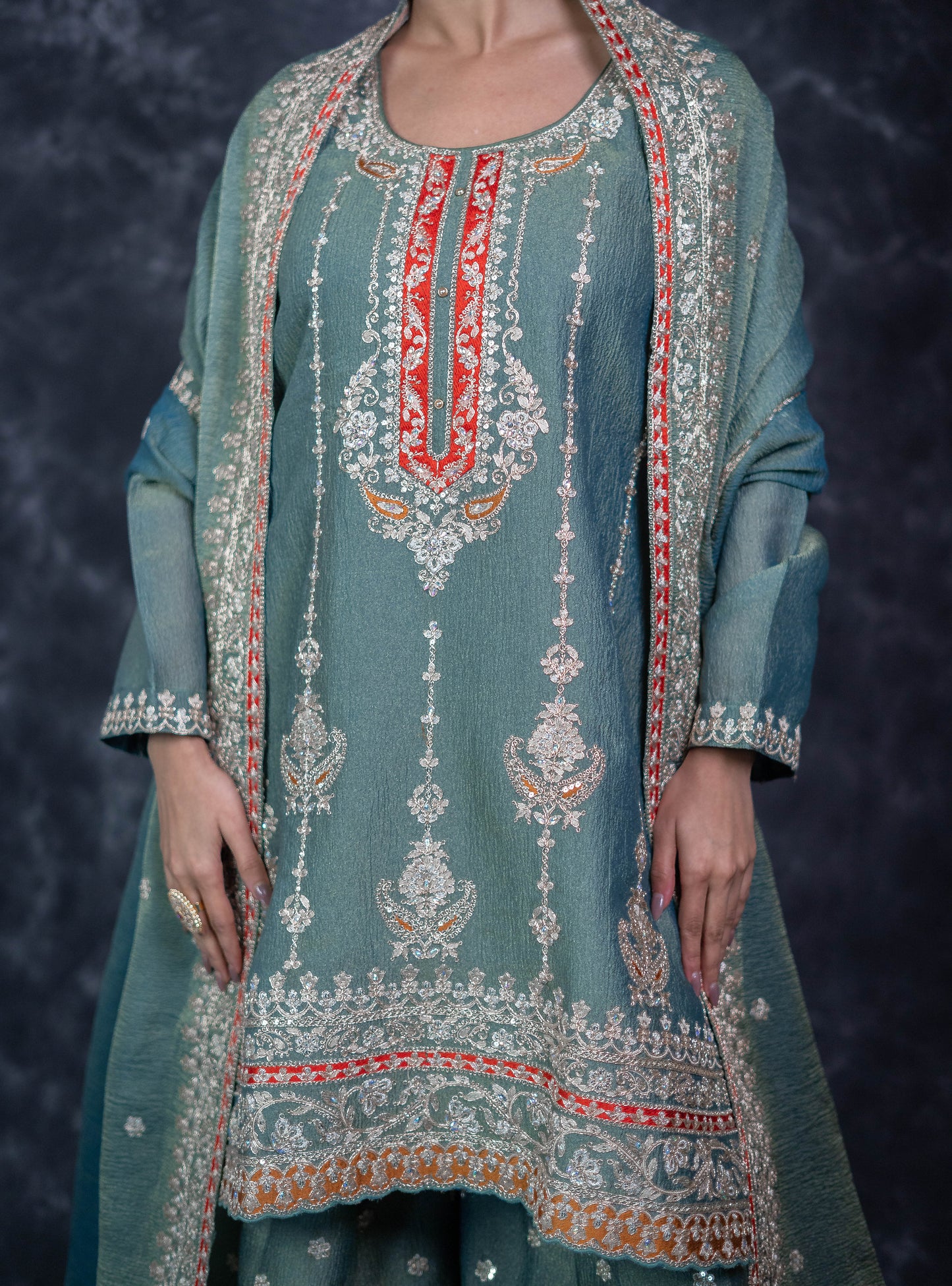 Green Tissue Crush Sharara Set
