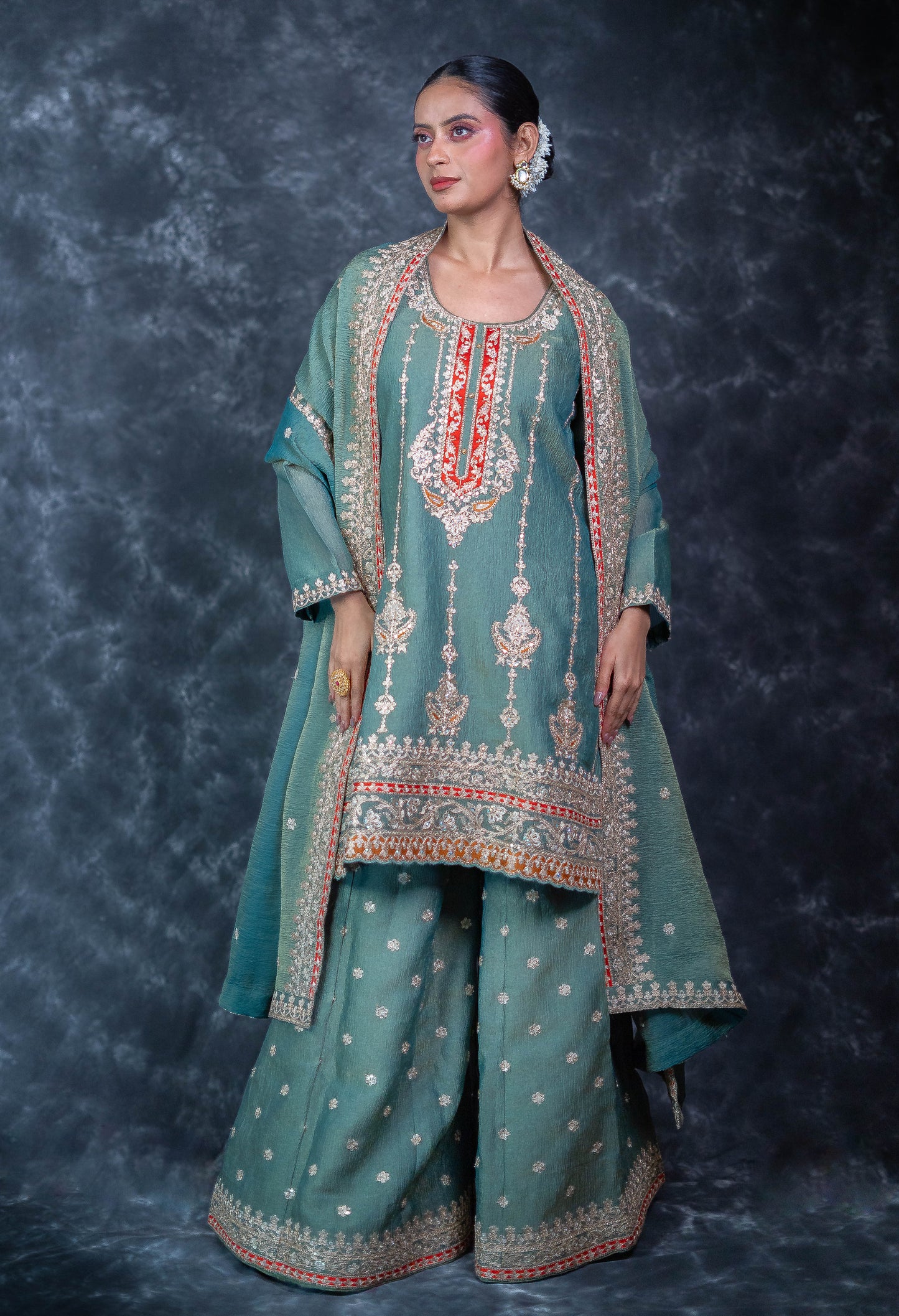 Green Tissue Crush Sharara Set