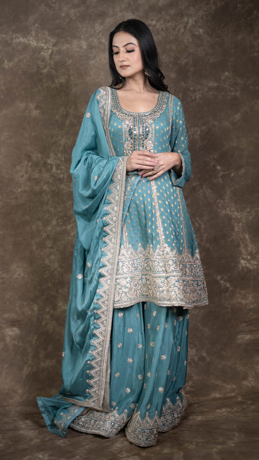 Blue Banarasi Georgette Sharara Suit Set