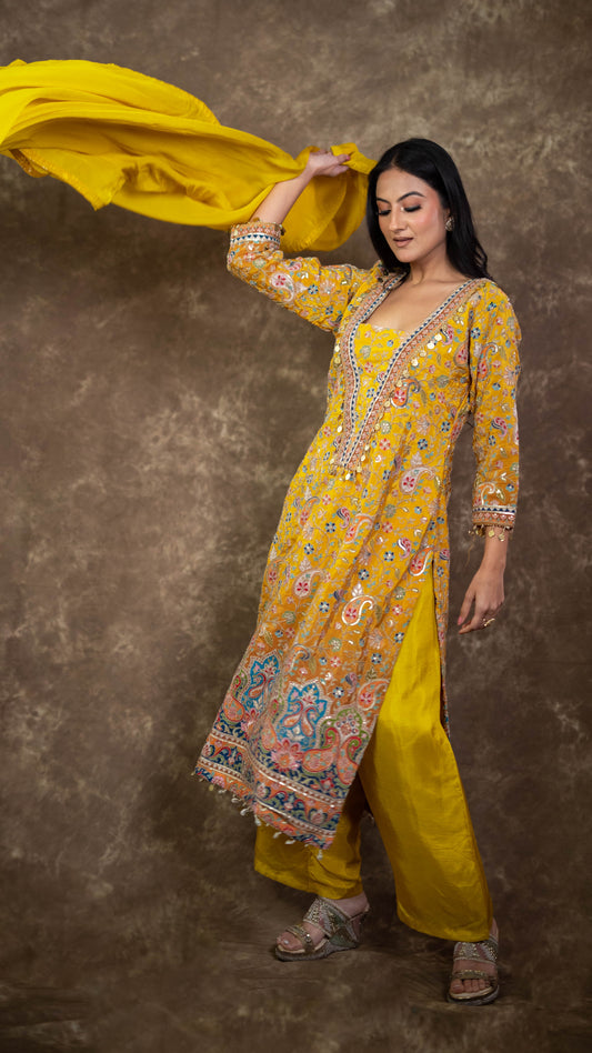 Yellow Crepe Embroidered Suit Set