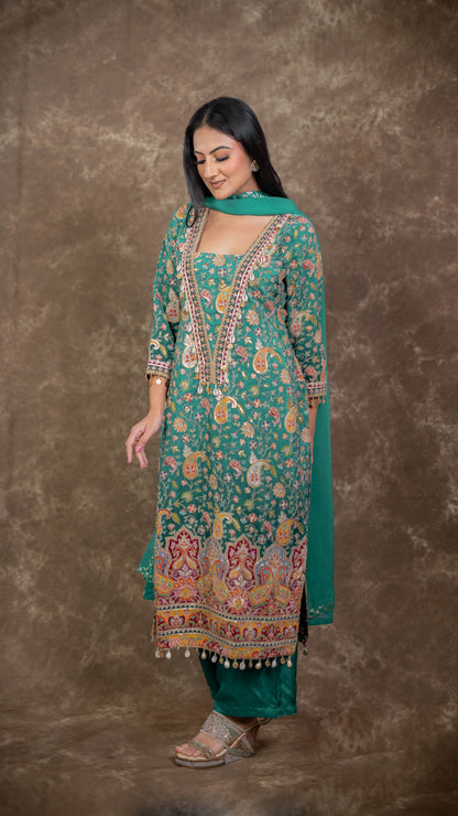 Blue Crepe Embroidered Suit Set