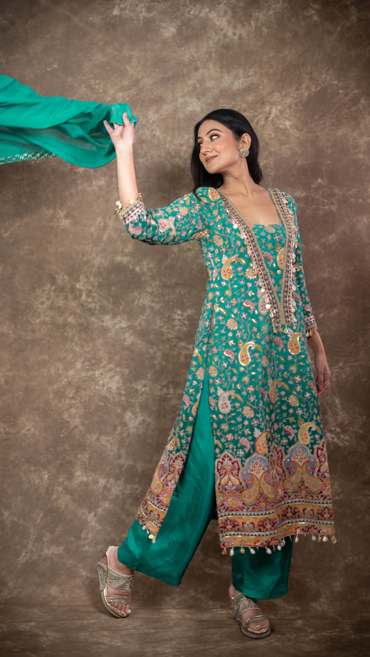 Blue Crepe Embroidered Suit Set