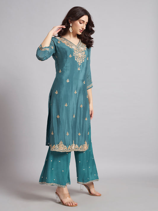 Teal Blue Chinnon Suit