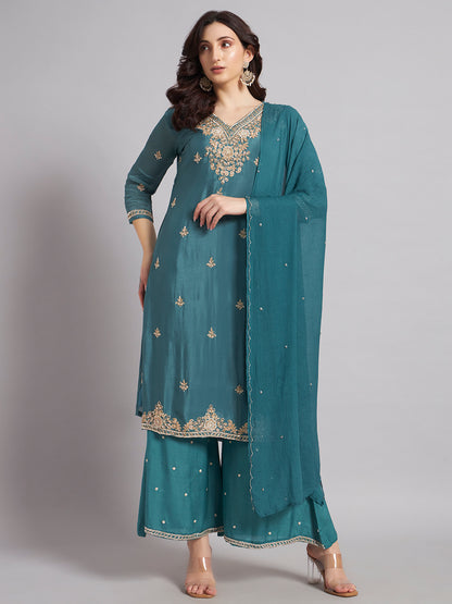 Teal Blue Chinnon Suit