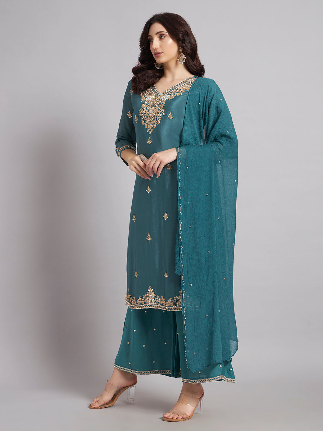 Teal Blue Chinnon Suit