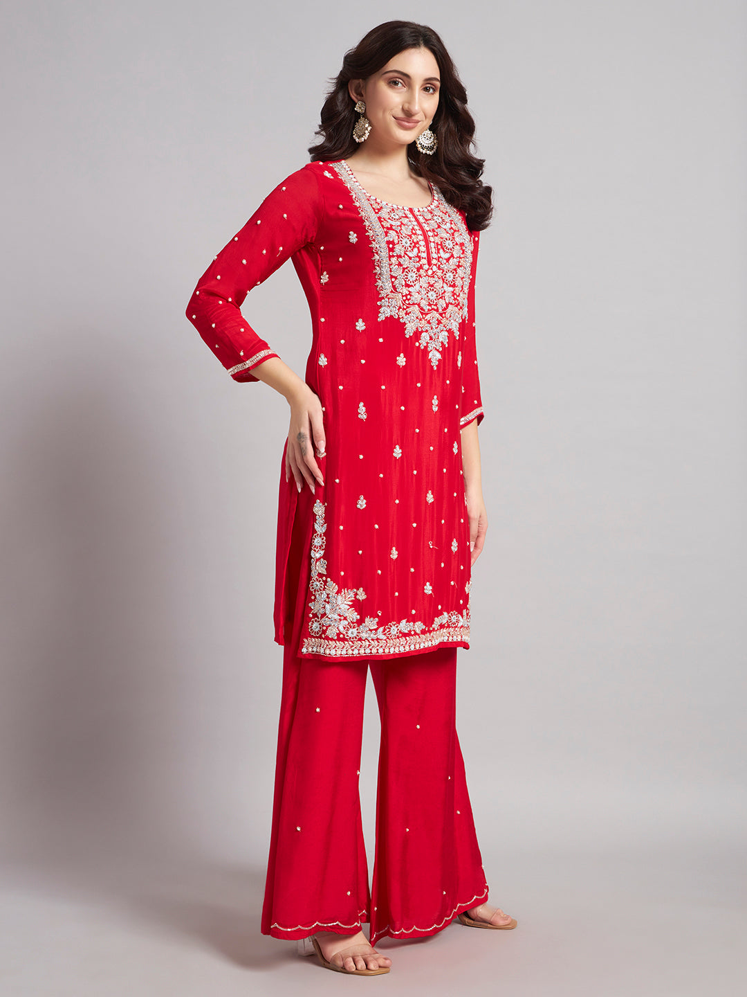 Red Chinnon Silk Suit