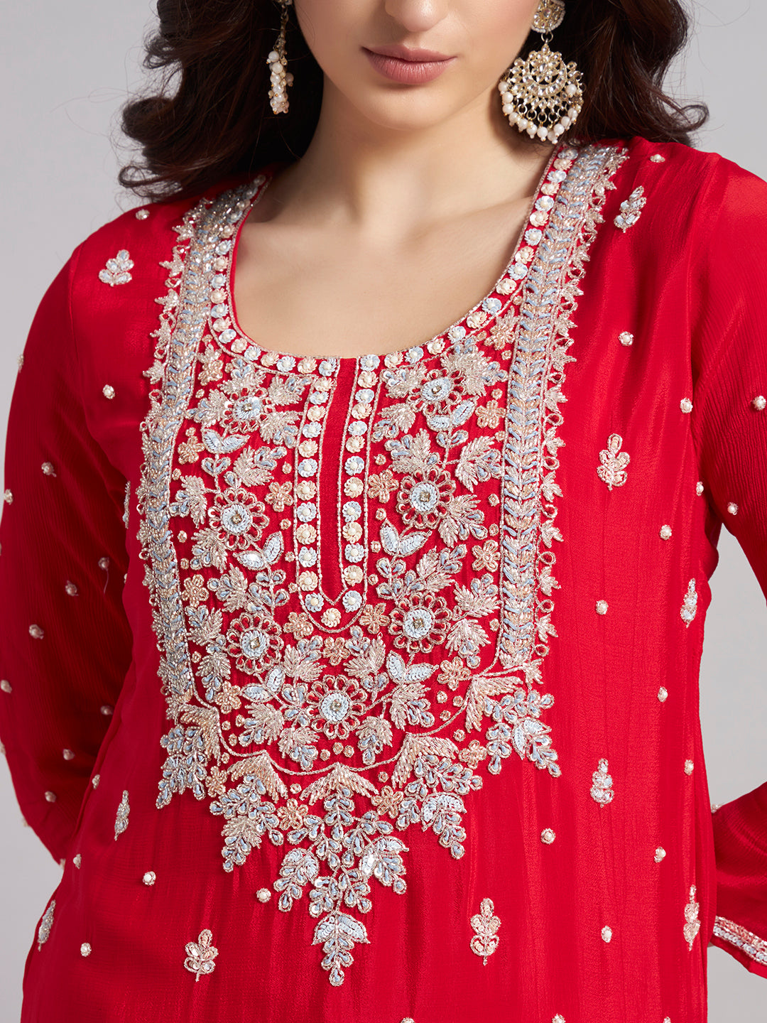 Red Chinnon Silk Suit