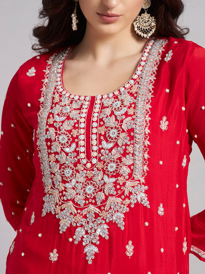 Red Chinnon Silk Suit