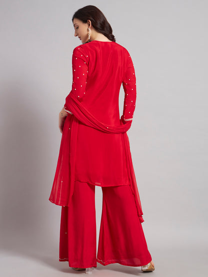 Red Chinnon Silk Suit