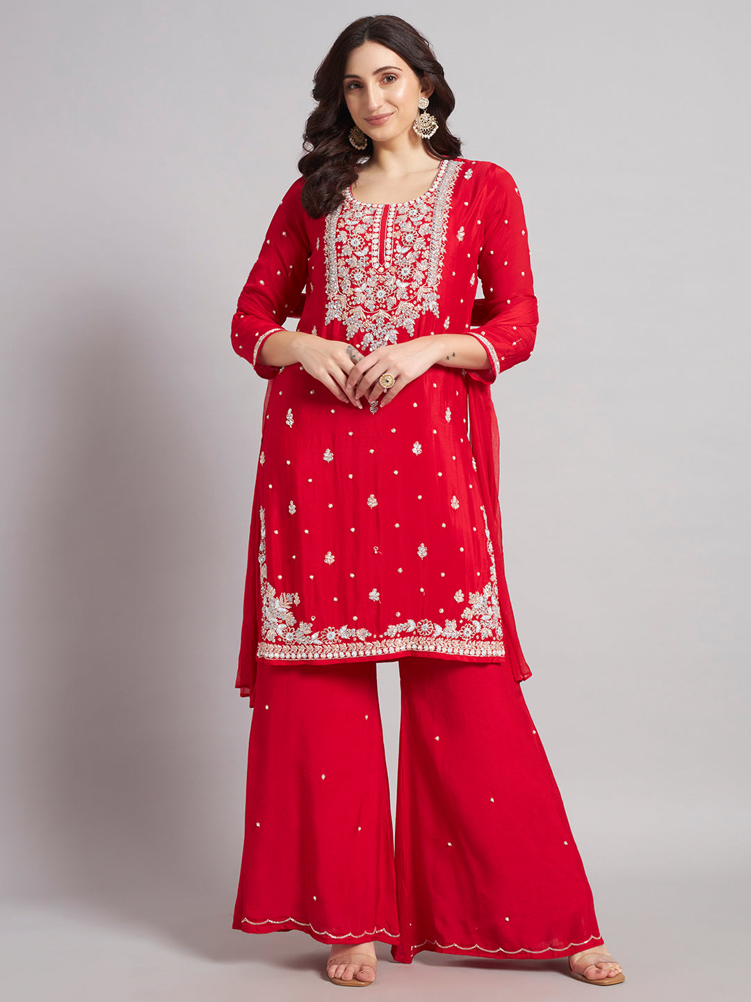 Red Chinnon Silk Suit
