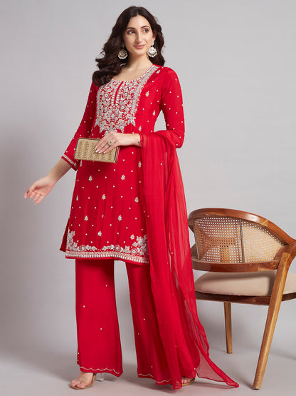 Red Chinnon Silk Suit