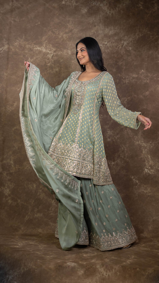 Green Banarasi Georgette Sharara Suit Set