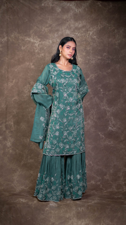 Turquoise Hand Embroidered Garara Suit Set
