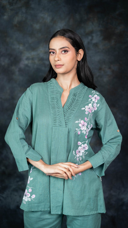 Green Pure Cotton Hand Painted Co-Ord Set