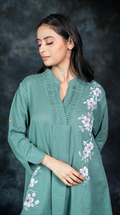 Green Pure Cotton Hand Painted Co-Ord Set