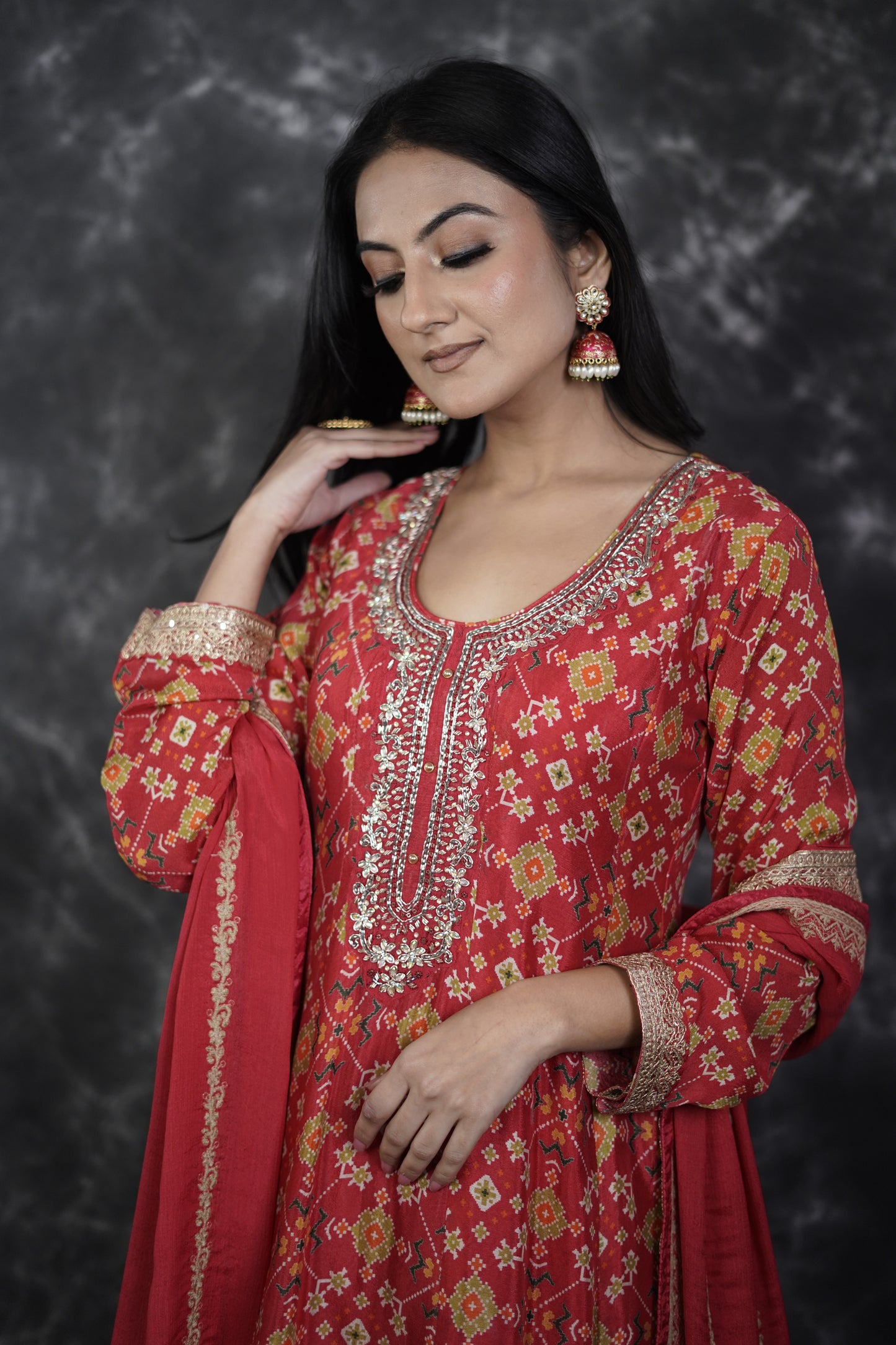 Chinon Red Bandhani Print Dhoti Suit