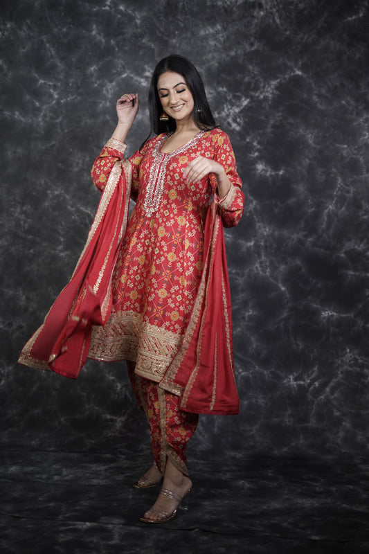 Chinon Red Bandhani Print Dhoti Suit