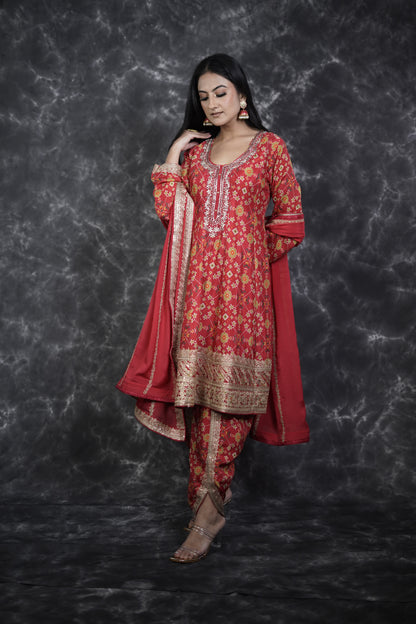 Chinon Red Bandhani Print Dhoti Suit