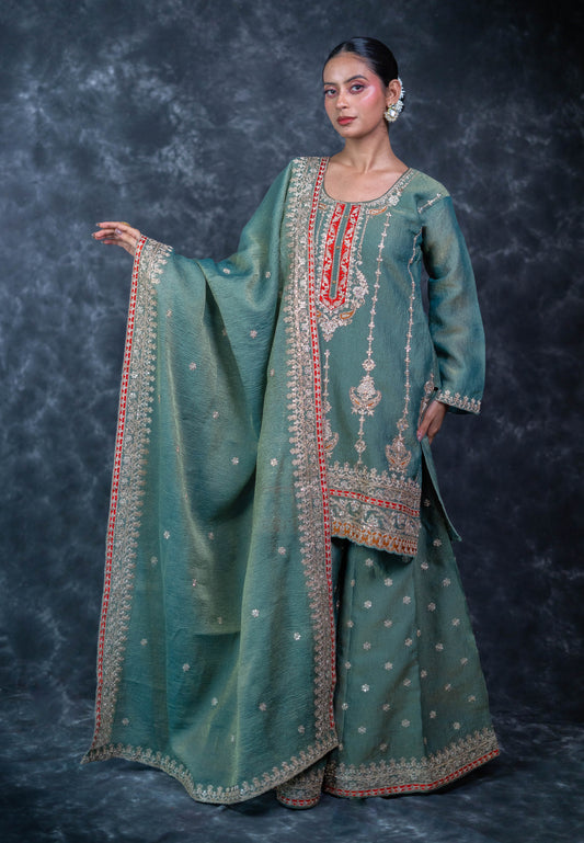 Green Tissue Crush Sharara Set