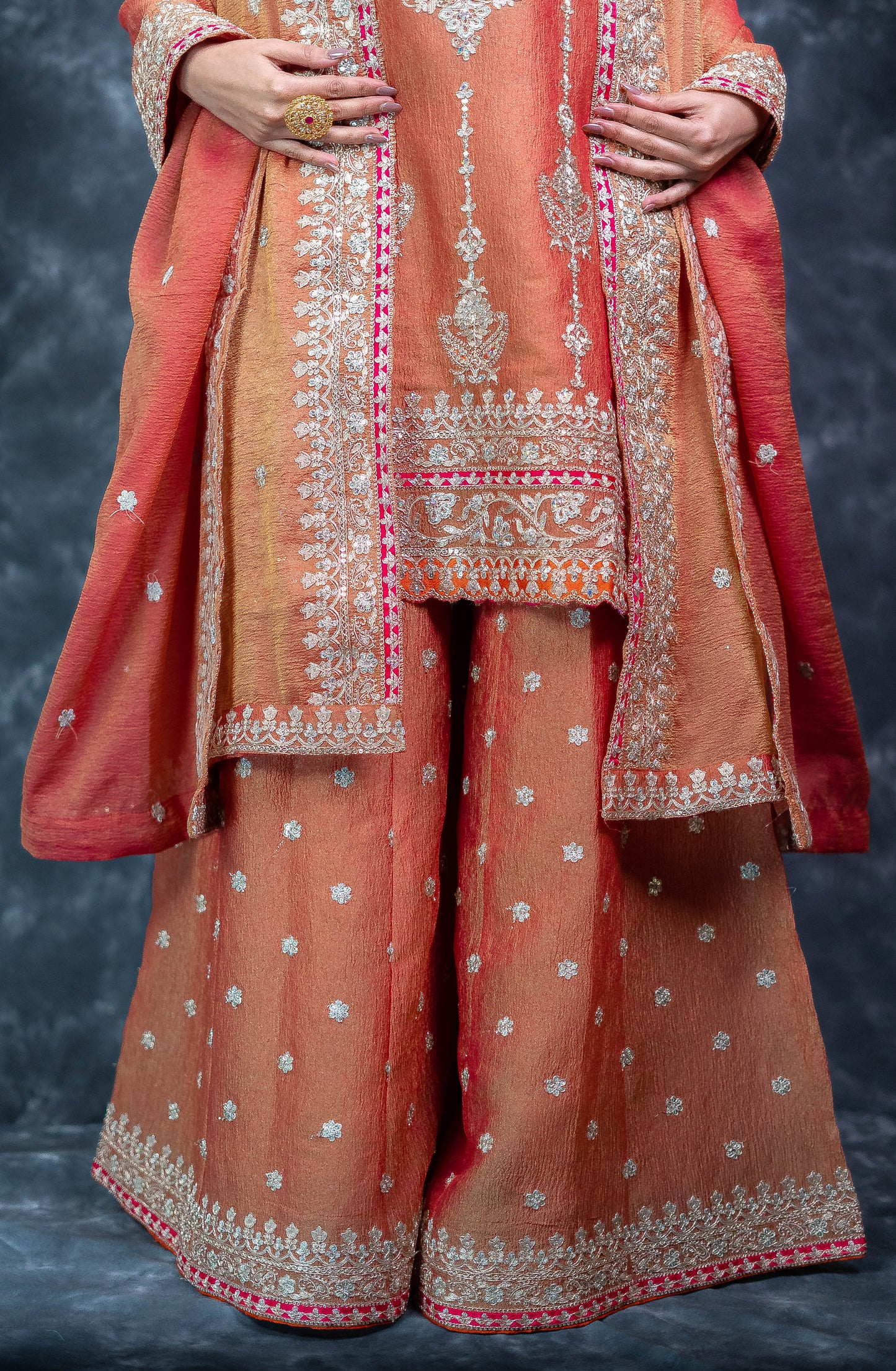 Kanjivaram Rust Tissue Crush Sharara Set