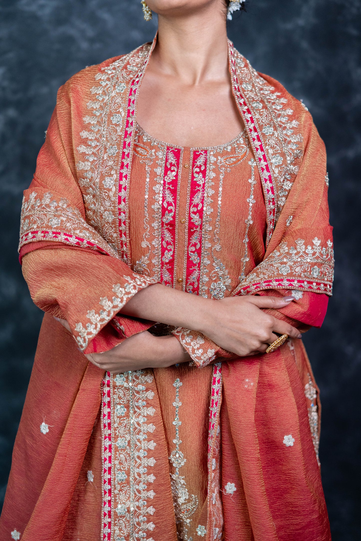 Kanjivaram Rust Tissue Crush Sharara Set