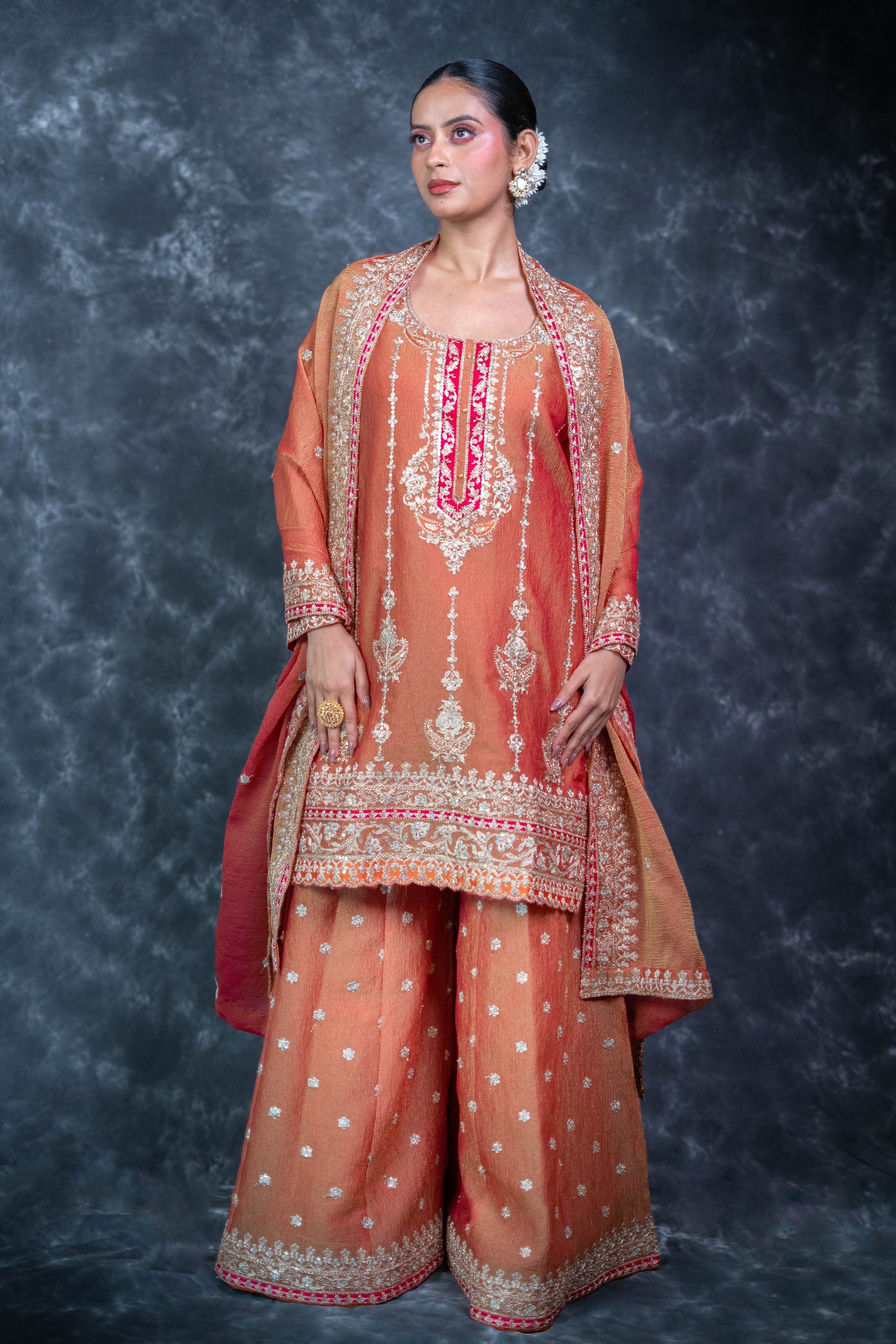 Kanjivaram Rust Tissue Crush Sharara Set