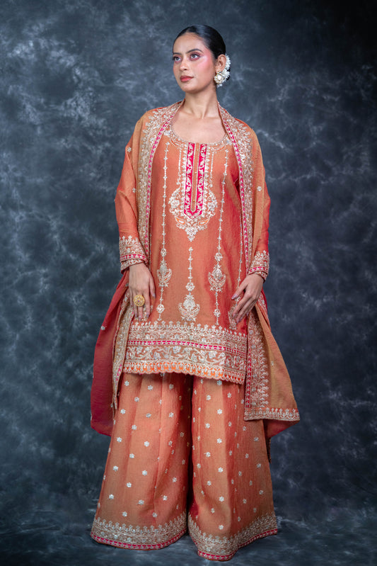 Kanjivaram Rust Tissue Crush Sharara Set
