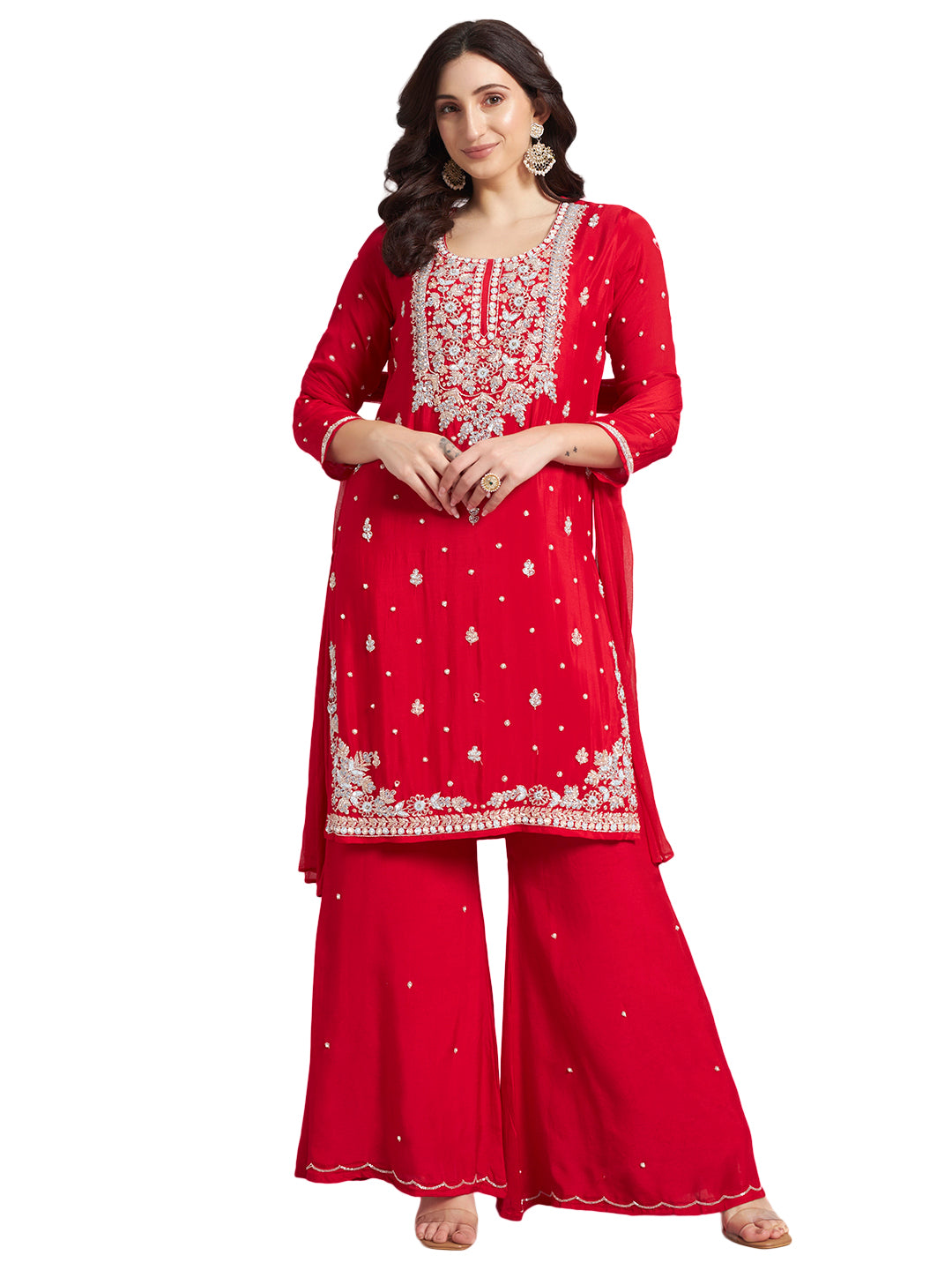 Red Chinnon Silk Suit